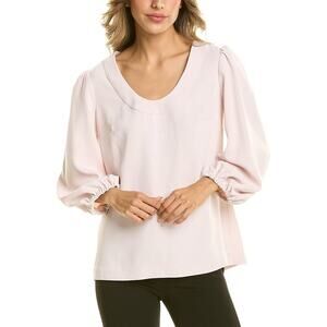 Trina Turk Cream Crepe Scoop Neck 3/4 Balloon Sleeve Business Minimalist Blouse